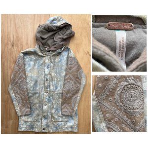FREE PEOPLE Women’s Lace Sleeves Hooded Lined Button and Zip Denim Jacket sz XS